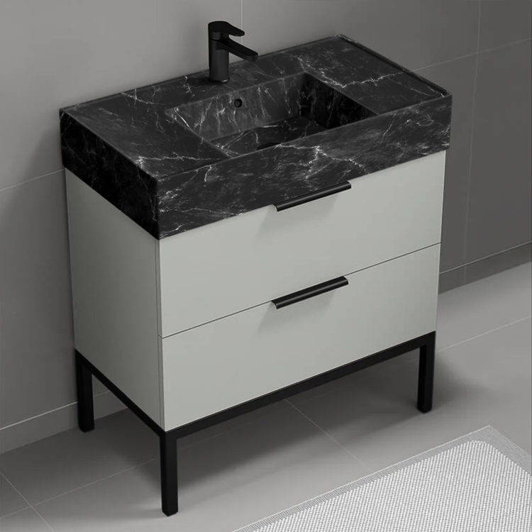 Nameeks DERIN867 32 Inch Black Marble Style Sink Free Standing Bathroom Vanity, Counter Space, 2 Drawers, Grey Mist